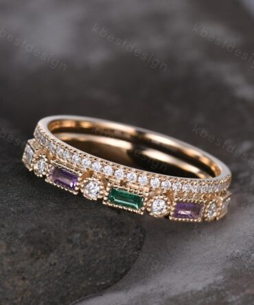 Vintage Moissanite wedding band women Baguette cut Emerald and Amethyst band Yellow gold band Unique Stacking Matching bridal promise ring