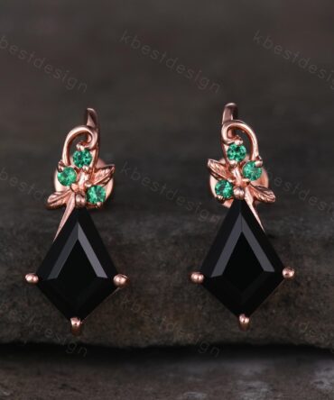 Kite cut black onyx earrings women rose gold earring studs nature inspired earrings art deco emerald studs birthday/anniversary gift for her