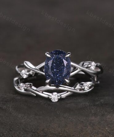 Vintage Oval Cut Blue Sandstone Engagement Ring Set Sterling Silver Ring Unique Twig Vine Moissanite Wedding Bridal Ring Promise Anniversary