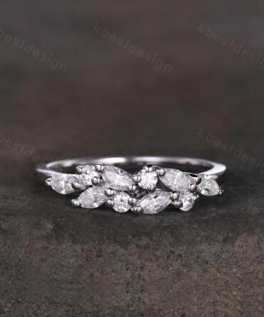 Moissanite cluster wedding band Unique marquise cut moissanite wedding band Vintage stacking matching band Silver ring Anniversary gift