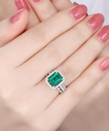 3PCS Vintage emerald engagement ring set sterling silver emerald cut ring art deco moissanite stacking bands unique bridal promise ring set