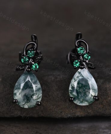 Nature inspired moss agate earrings women black gold earring studs teardrop earrings art deco green agate studs anniversary gift for her