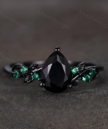 Pear cut black onyx engagement ring Black gold ring Art deco leaf design emerald wedding ring nature inspired ring bridal promise ring