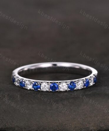 2mm Blue Sapphire Wedding Band Silver Half Eternity Stacking Band Colorless Moissanite Ring Women Matching Band Promise Anniversary Ring