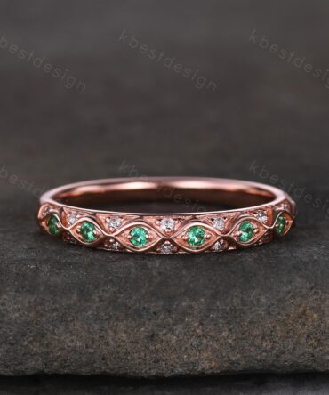 Antique Emerald Wedding Band Rose Gold Ring Women Vintage Wedding Ring May Birthstone Stacking Ring Anniversary Gift for Her Handmade
