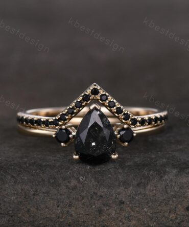 Pear cut black rutilated quartz engagement ring 14k gold dainty curved stacking band black spinel ring unique bridal wedding ring set