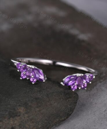 Open gap Amethyst Wedding Band sterling silver vintage petal wedding ring Delicate Stacking matching curved wedding band bridal ring gift