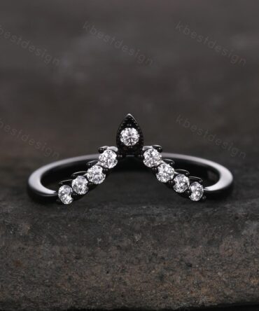 Curved moissanite wedding band Unique black gold stacking wedding band V curved matching band Anniversary gift for her