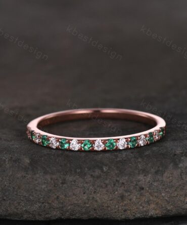 Half Eternity Emerald Wedding Band 1.5mm Emerald Moissanite Wedding Band Rose Gold Matching Ring Pave Stacking Band Anniversary Gift for Her