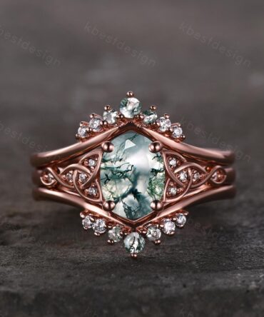 Vintage moss agate engagement ring set rose gold double curved stacking wedding band unique celtic knot green agate ring oval cut bridal set