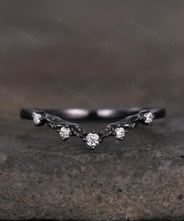 Unique Curved Moissanite Wedding Band Women Black Gold Ring Nature Leaf Style Stacking Matching Band Bridal Anniversary Ring