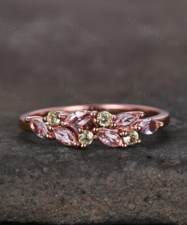 Pink Morganite peridot wedding band Unique marquise cut morganite wedding band Vintage Rose gold stacking ring Anniversary gift for Her