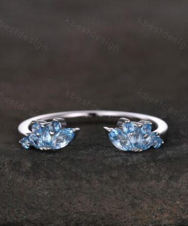 Delicate Blue Topaz Wedding Band Rose Gold Open gap ring vintage petal wedding ring Dainty Stacking matching curved wedding band bridal ring