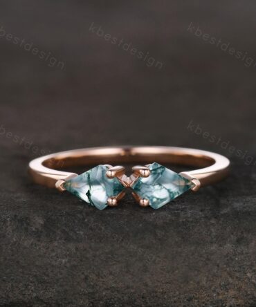 Kite cut green moss agate wedding ring unique rose gold moss agate ring two stones stacking band bridal wedding ring Anniversary gift