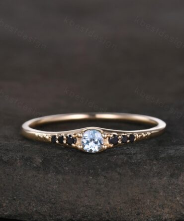 Natural aquamarine wedding ring 14k gold aquamarine and black spinel stacking band dainty gemstone matching band anniversary gift for her