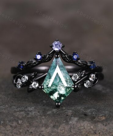 Vintage kite moss agate engagement ring set black gold twig leaf stacking ring nature branch ring unique art deco bridal wedding ring set