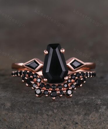 Vintage coffin cut black onyx engagement ring unique curved black spinel stacking band rose gold ring unique black gemstone wedding ring set