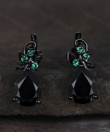 Nature inspired black onyx earrings women black gold earring studs teardrop earrings art deco black onyx studs anniversary gift for her
