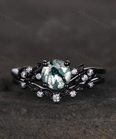 Vintage round moss agate engagement ring set black gold twig leaf moissanite ring nature branch ring unique art deco bridal wedding ring set