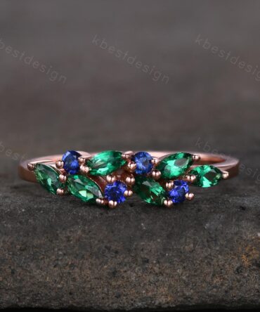 Emerald sapphire cluster wedding band Unique marquise cut emerald wedding band Vintage Moissanite ring Rose gold ring Anniversary gift