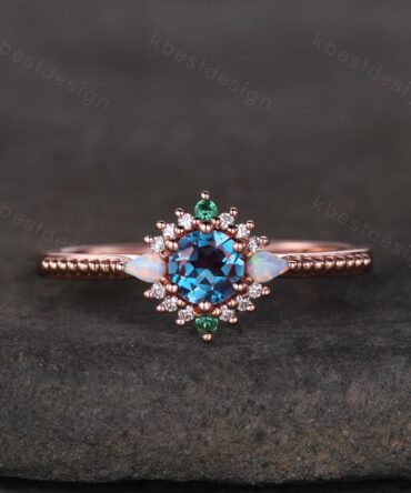 Vintage round cut Alexandrite engagement ring rose gold ring unique opal emerald ring for women June Birthstone ring promise ring gift