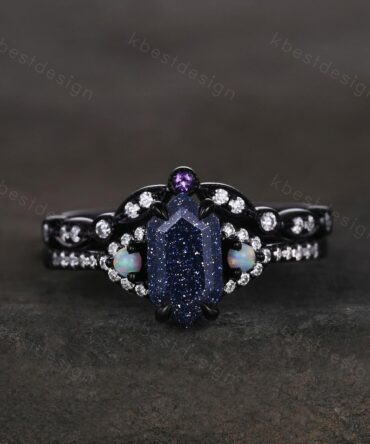 Vintage Blue Sandstone Engagement Ring set Black Gold Hexagon cut Bridal set Art deco curved band moissanite promise wedding ring set