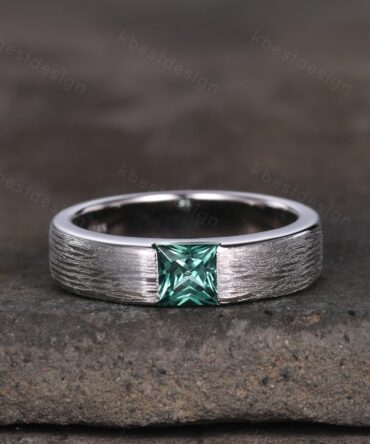 Mens Green Sapphire Wedding Band, 5mm Princess Cut Teal Sapphire Mens Wedding Band, White Gold Brush Finished Wedding Ring, His Wedding Band