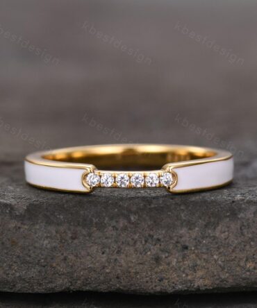 Unique White Enamel Wedding Band Solid 14k Yellow Gold Rings Moissanite Wedding Band Half Eternity Band Vintage Bridal Anniversary Ring
