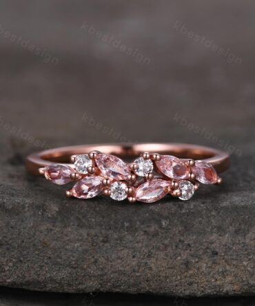 Pink Morganite cluster wedding band Unique marquise cut wedding band Vintage Moissanite ring Rose gold ring Anniversary gift for Her