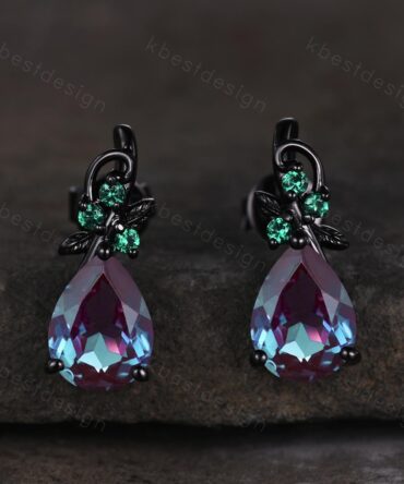 Nature inspired alexandrite earrings women black gold earring studs teardrop earrings art deco June birthstone studs anniversary gift