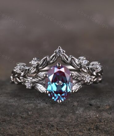 Vintage Alexandrite engagement ring set silver oval cut alexandrite ring art deco moissanite stacking ring unique bridal promise ring set