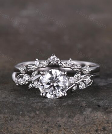 Round cut moissanite engagement ring 14K White gold ring Art deco leaf design wedding ring nature inspired ring bridal promise ring set