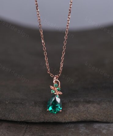 Nature inspired emerald necklace vintage women rose gold necklace unique leaf emerald pendant art deco pear cut pendant bridal promise gift
