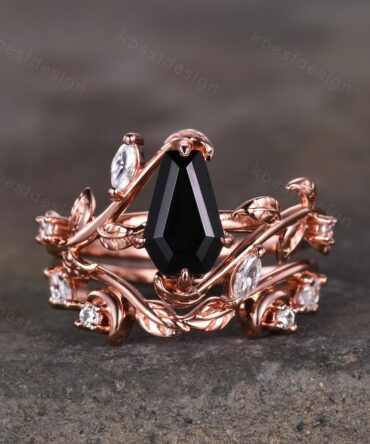 Vintage coffin cut black onyx engagement ring rose gold art deco leaf moissanite wedding ring set nature inspired bridal promise ring