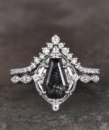 Vintage black rutilated quartz engagement ring silver ring art deco curved stacking band coffin cut bridal set unique moissanite wedding set