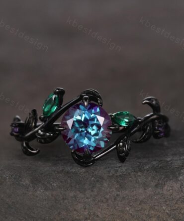 Vintage round cut alexandrite engagement ring gothic black gold art deco emerald leaf ring nature inspired bridal promise ring for her