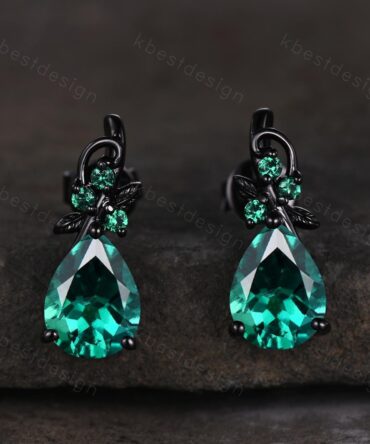 Nature inspired emerald earrings women black gold earring studs teardrop earrings art deco May birthstone studs anniversary gift for her