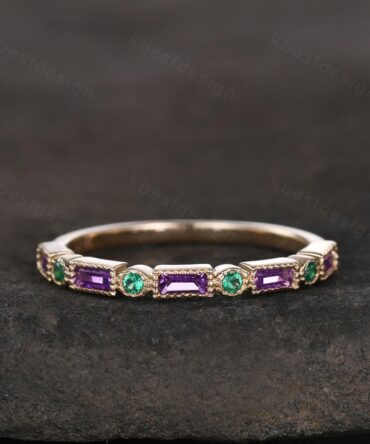 Art Deco Amethyst Emerald wedding band solid 14k Yellow gold wedding band vintage baguette Stacking ring women birthstone Anniversary band