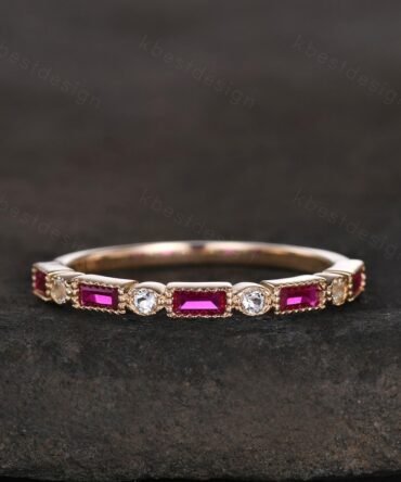 Baguette cut ruby aquamarine wedding band solid 14k gold wedding band vintage art deco Stacking ring women July birthstone Anniversary band