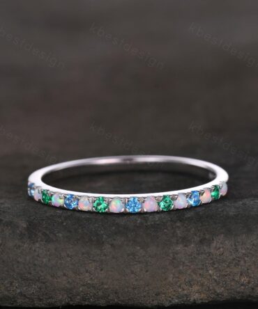 1.5mm Multi gemstone Wedding Band Half eternity blue topaz/opal/emerald wedding band for Women Minimalist Bridal Matching Stackable band