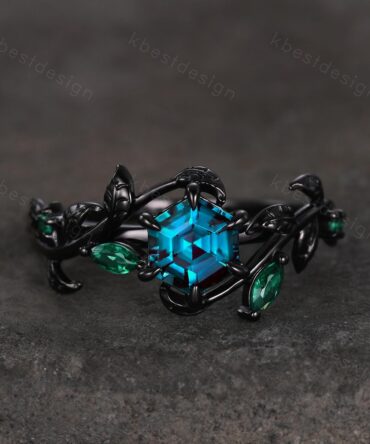 Vintage hexagon cut alexandrite engagement ring gothic black gold art deco emerald leaf ring nature inspired bridal promise ring for her