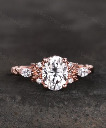 Oval cut Moissanite engagement ring vintage rose gold ring nature inspired ring branch leaf ring Unique twisted band Bridal Promise ring