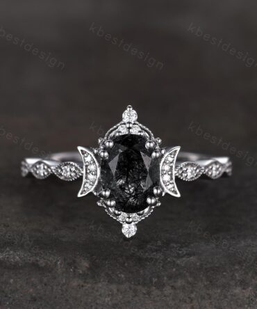 Vintage black rutilated quartz engagement ring oval cut ring unique moon style ring for women art deco moissanite bridal promise ring