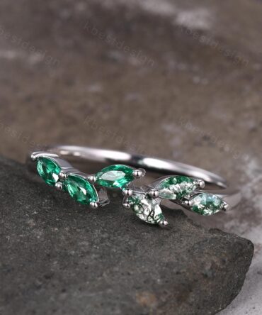 Moss agate emerald wedding band Unique marquise cut moss agate wedding band Vintage emerald band gemstone ring Anniversary gift for her
