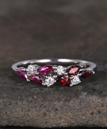 Ruby Garnet cluster wedding band Unique marquise cut ruby wedding band Vintage Moissanite ring family gemstone ring Anniversary gift for her