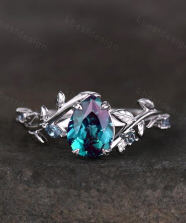 Vintage alexandrite engagement ring silver art deco leaf branch ring pear cut ring natural inspired ring unique bridal promise ring