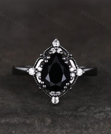 Pear Cut Natural Black Onyx Engagement Ring Black Gold Ring Unique Art Deco Moissanite Ring Black Gemstone ring Bridal Promise Ring