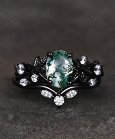 Vintage oval moss agate engagement ring black gold art deco cluster moissanite wedding ring set nature inspired bridal promise ring for her