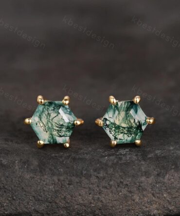 Natural moss agate stud earrings, yellow gold studs, hexagon cut moss agate earring studs, best friend gift, anniversary gift for her