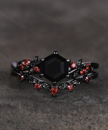 Gothic Hexagon cut Black Onyx Engagement Ring Art Deco Branch Design Leaf Garnet Wedding Ring Black Gold Ring Unique Bridal Ring Set